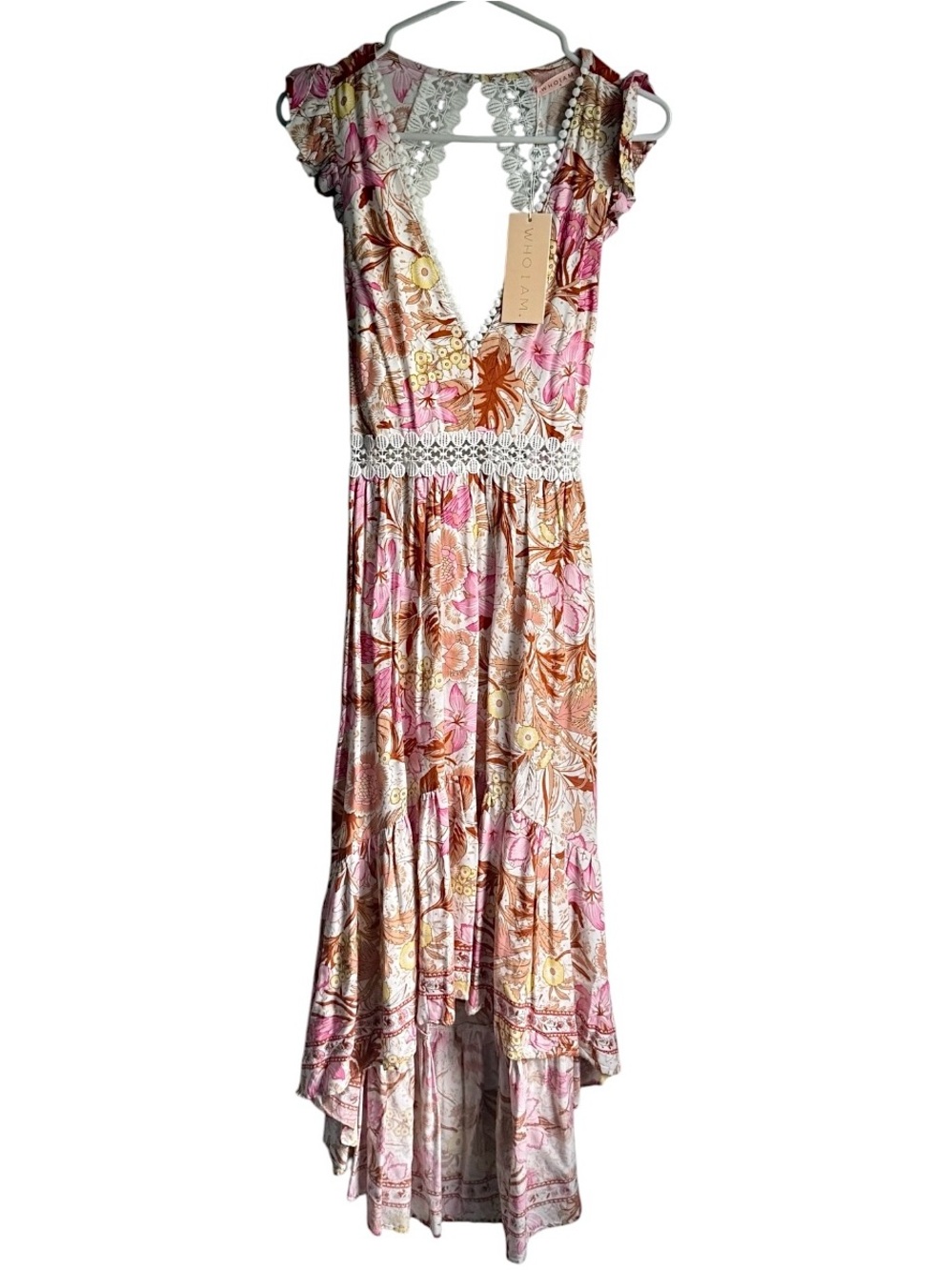 Hello Molly Who I Am Deep V Sleeveless Boho Floral High Low Midi Dress XS NWT